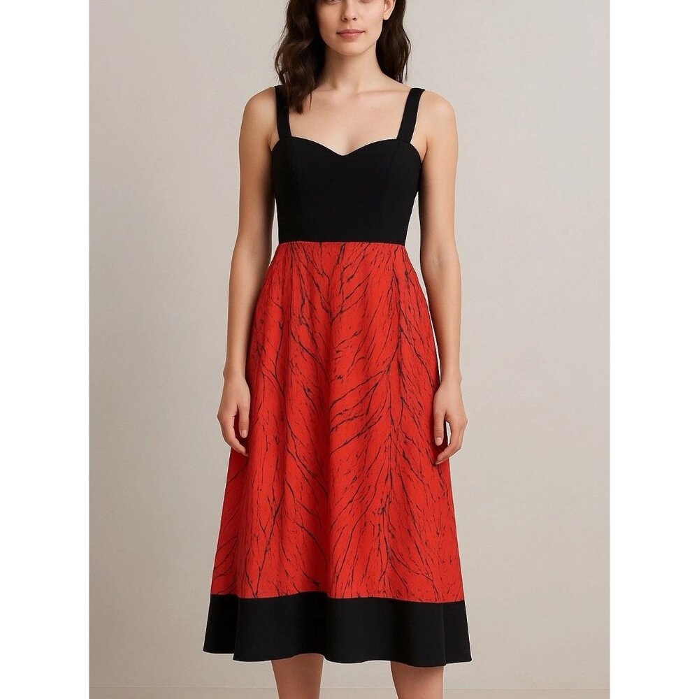 Donna Karan New York Red Black Abstract Print Bubble Hem Dress Size Small S 6